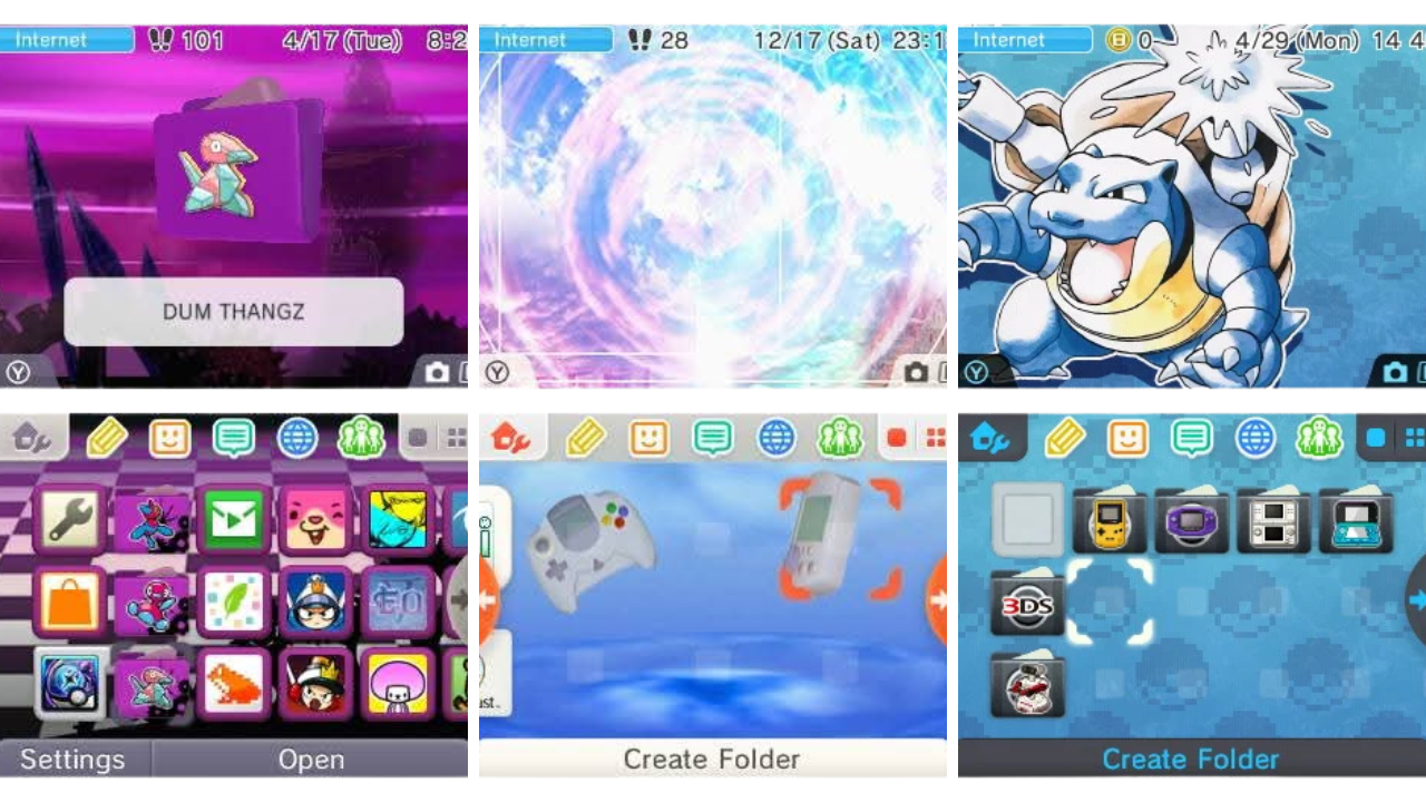 3 images showing different themes on the 3DS home screen. One showing Persona Q, one showing Sega Dreamcast, and the other showing Blastoise from Pokemon.