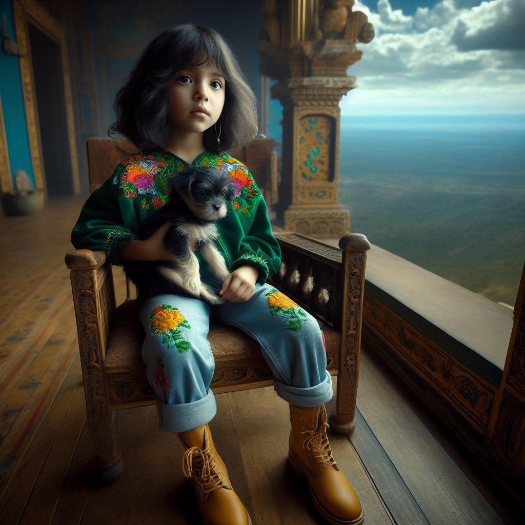 hyper realistic ;tiltshift; vast distance. dark haired little girl , sitting in Mexican Equipale Chair holding puppy: shirt covered in deep green prussian blue mariposa . mong pattern shirt and pants is a vibrant yellow color and light denim pantsmono pattern embroidered on it. recycled leatherboots. maia chandelier. inside of Kailasha Temple dedicated to Lord Shiva in Kalugumalai,