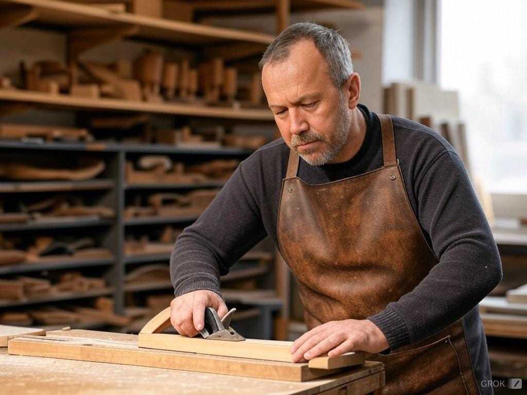 A man working with wood is standing at his bench. Image by AI using Grok.