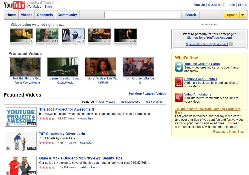YouTube homepage from 2008