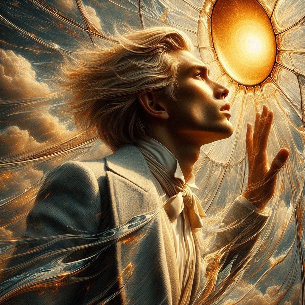 resin sun inside glass; tiltshift /flying at angles/ 8d angled glass embedded /beautiful, heroic, strong handsom asian man/ velvet blonde, cream, ivory long coat/ black leather boots. water in resin/ ; he is at Monks mound at Cahokia / amber cream,tsunami full of fire/ reverberating waves. black hole in floor/ water in resin verdigris/ In the style of Michael Parkes. black etching/ black linework/ daytime sky/fluffy clouds 