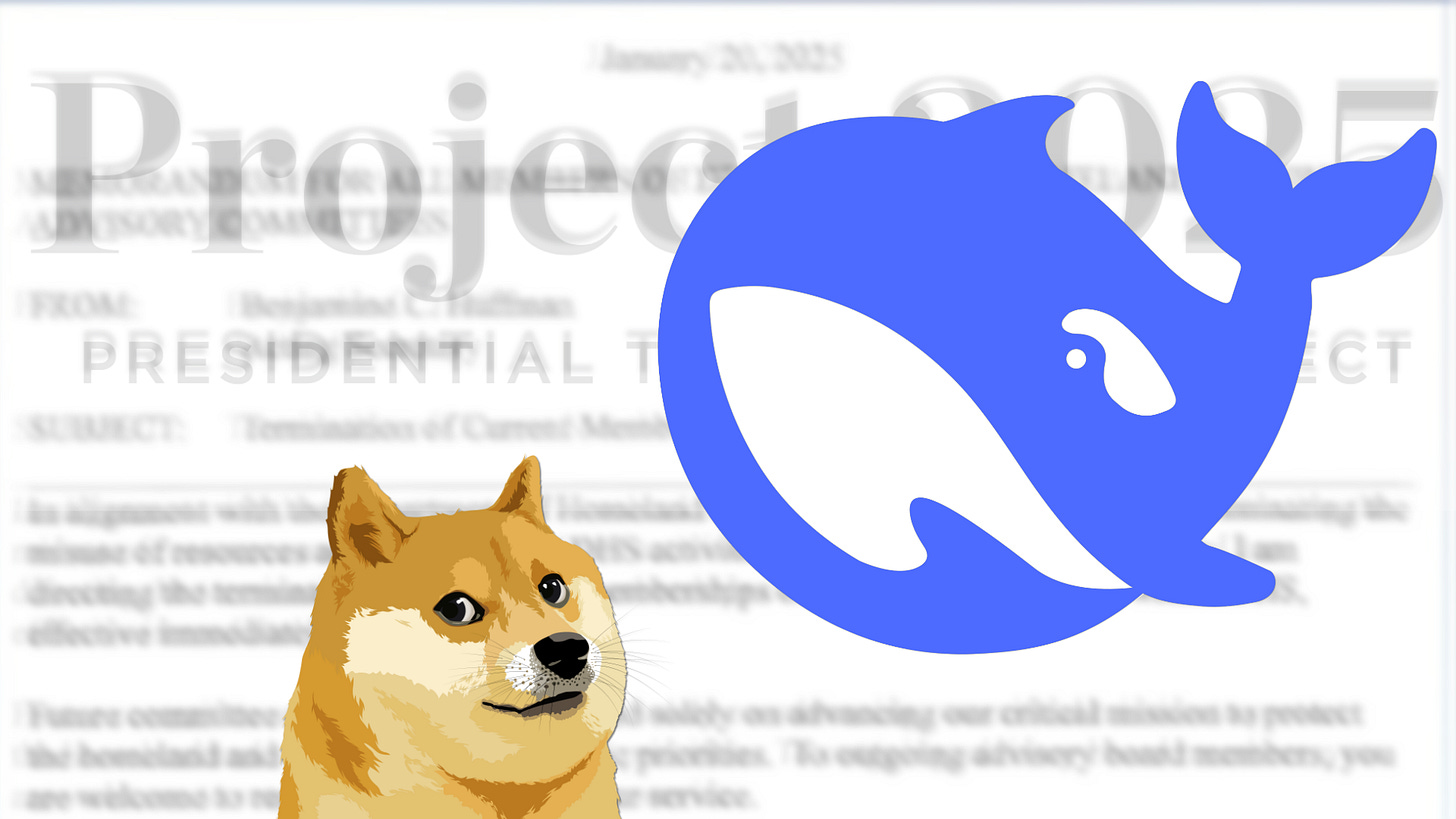 image of the Deepseek AI "whale logo looming over the shoulder of the "doge" shiba inu dog, with faded projections of Project 2025 and a controversial Trump memo in the background