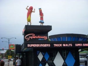 Presumably, the male-and-female representations of hot dogs here reflect the two original owners, Maurie and Flaurie Berman.