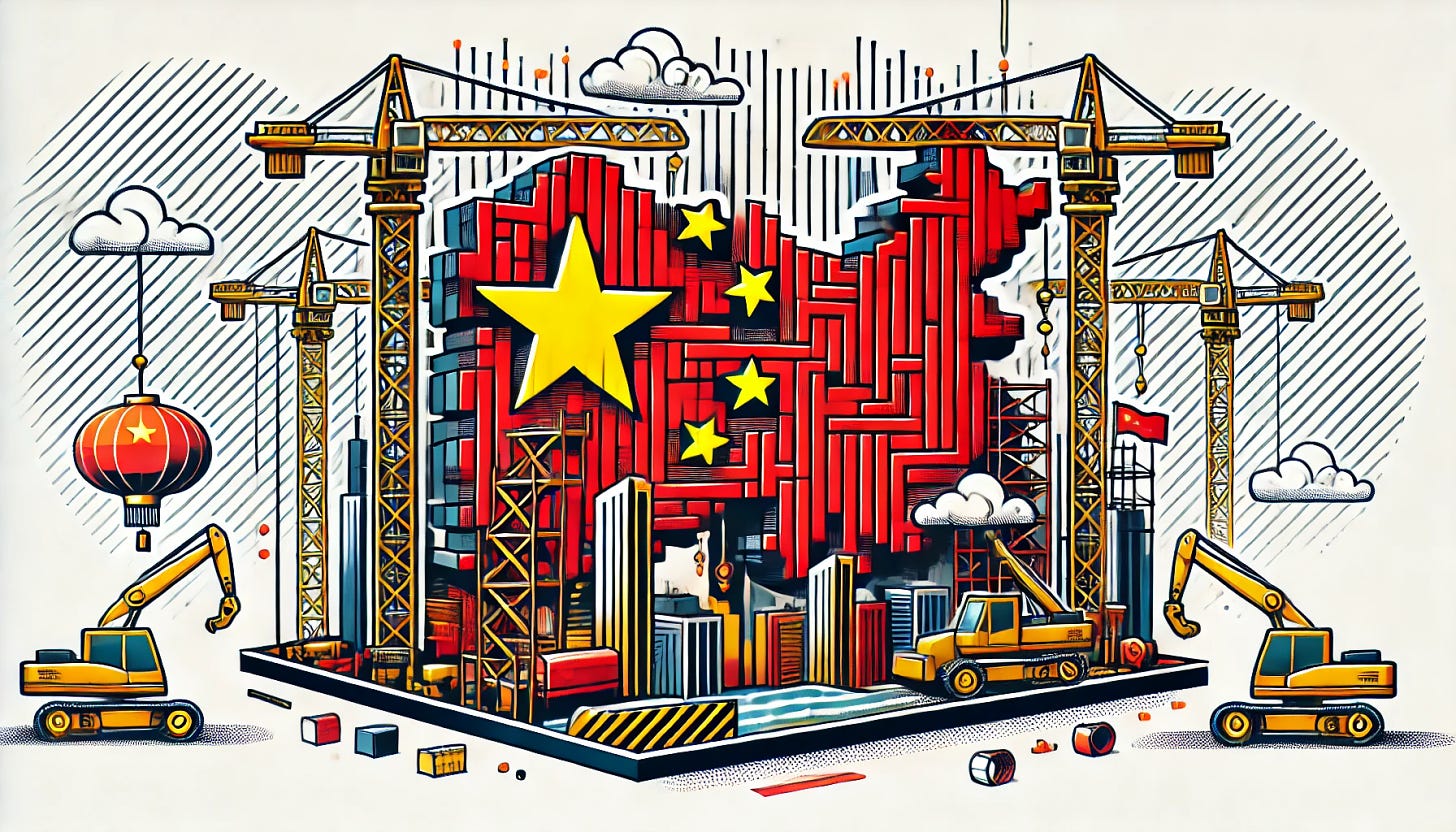 A stylized rectangular image of the Chinese flag under construction, with cranes lifting missing parts of the flag into place. The background should feature a construction site with elements like scaffolding, clouds, and a skyline, symbolizing progress and economic growth. Use vibrant reds and golds for the flag, and metallic colors for the cranes. Ensure the background enhances the sense of development and construction, while maintaining the dynamic pop-art style.