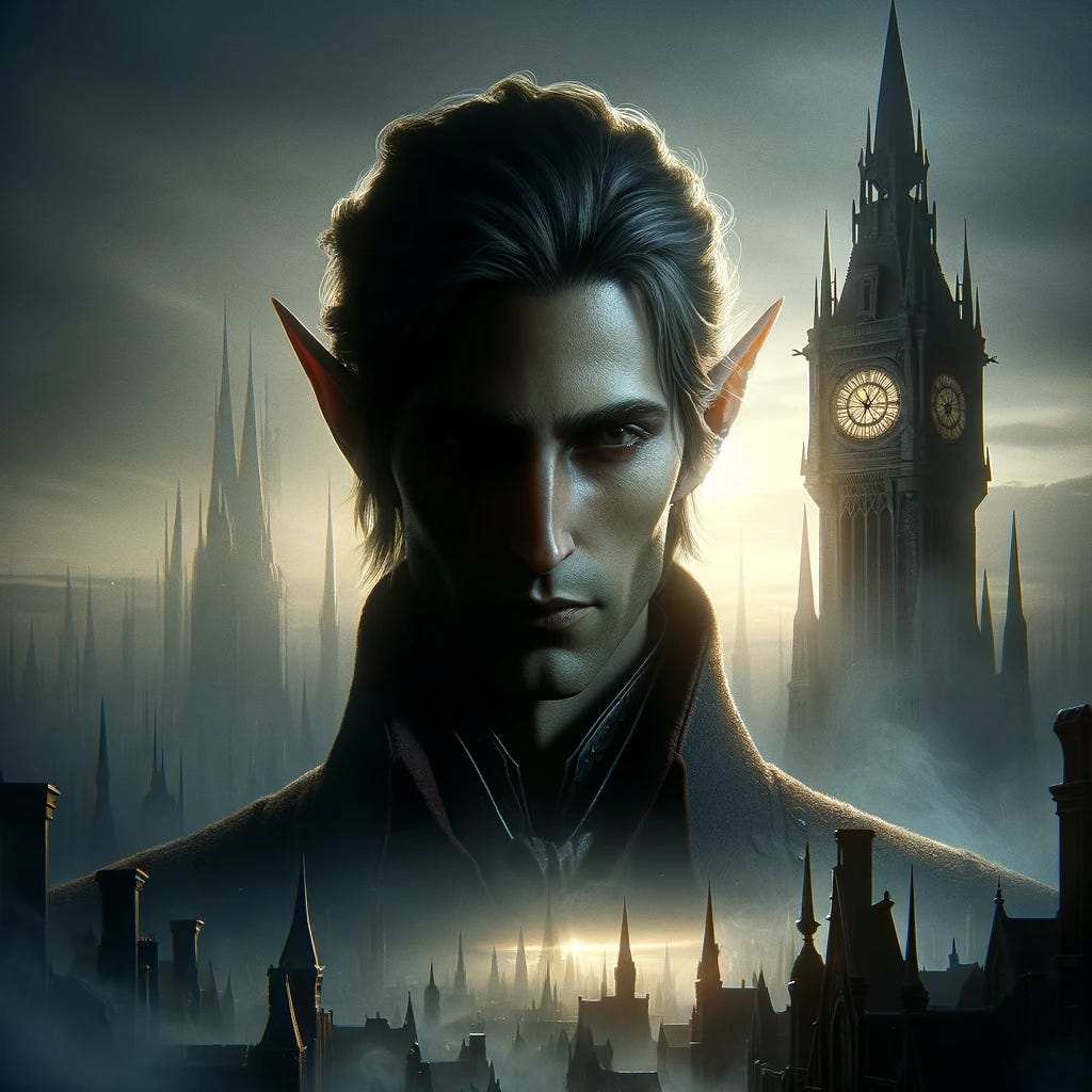 Create a detailed image with a close-up of Valtorius in the foreground, central in the scene, his face visible and expressive against the backdrop of the city. Capture his sharp elven features, long ears, and a grim expression, as the first light of dawn illuminates him from the front, creating a silhouette with visible details. He wears a cape, and his posture should reflect a heavy sense of responsibility. In the blurred background, the silhouette of the clocktower looms, with hints of smoke and battle damage around the cityscape. Gothic spires and futuristic technology should be visible but less focused, emphasizing Valtorius as the main subject, with the city's dawn-lit silhouette as a secondary element.