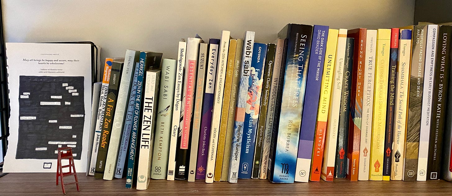 A shelf full of Dharma books