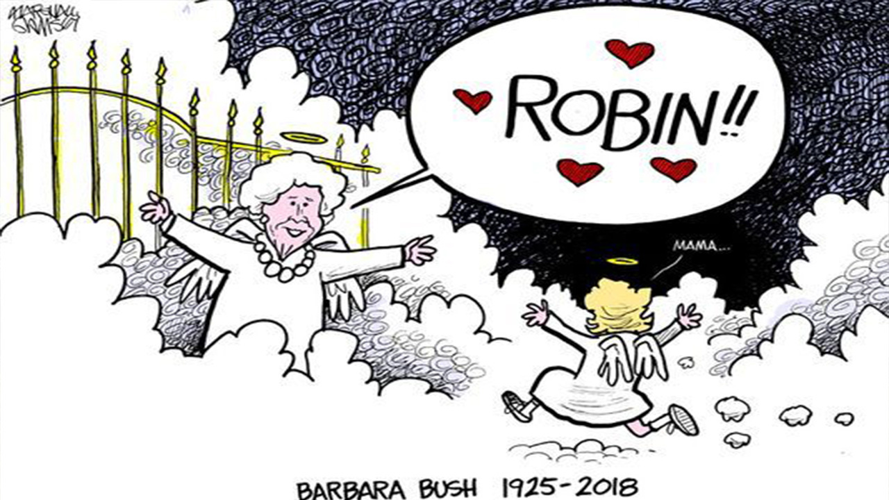 Cartoon depicts Barbara Bush reuniting with daughter she lost to cancer in  Heaven - ABC11 Raleigh-Durham