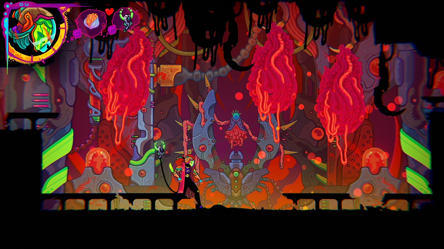 A video game character stands in a room full of large, red objects that look like giant organs.