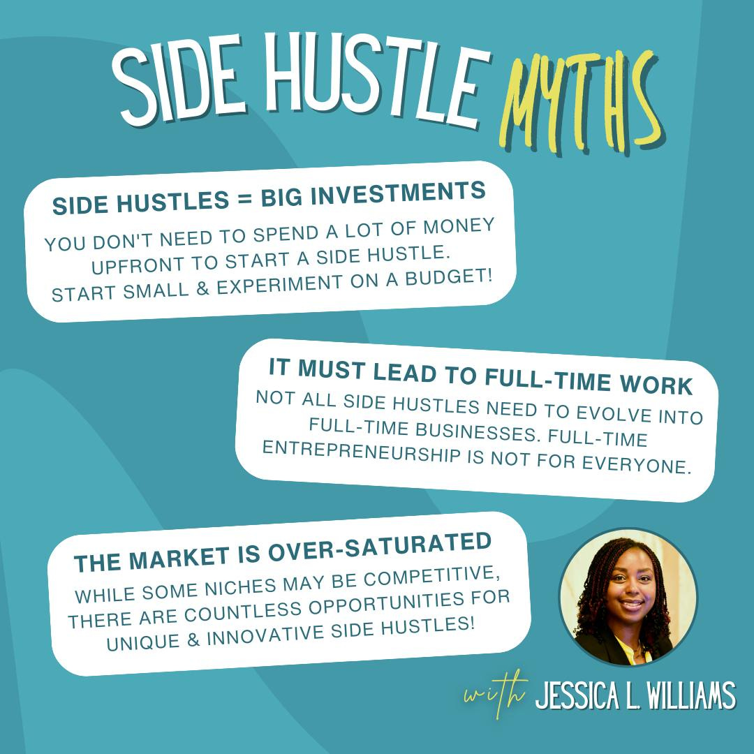 May be a graphic of 1 person and text that says 'SIDE HUSTLE MYTHS SIDE HUSTLES BIG INVESTMENTS YOU DON'T NEED TO SPEND A LOT OF MONEY UPFRONT To START A SIDE HUSTLE. START SMALL & EXPERIMENT ON A BUDGET! IT MUST LEAD To FULL-TIME WORK NOT ALL SIDE HUSTLES NEED TO EVOLVE INTO FULL-TIME BUSINESSES. FULL-TIME ENTREPRENEURSHIP IS NOT FOR EVERYONE. THE MARKET IS OVER-SATURATED WHILE SOME NICHES MAY BE COMPETITIVE, THERE ARE COUNTLESS OPPORTUNITIES FOR UNIQUE & INNOVATIVE SIDE HUSTLES! with JESSICA L. WILLIAMS'