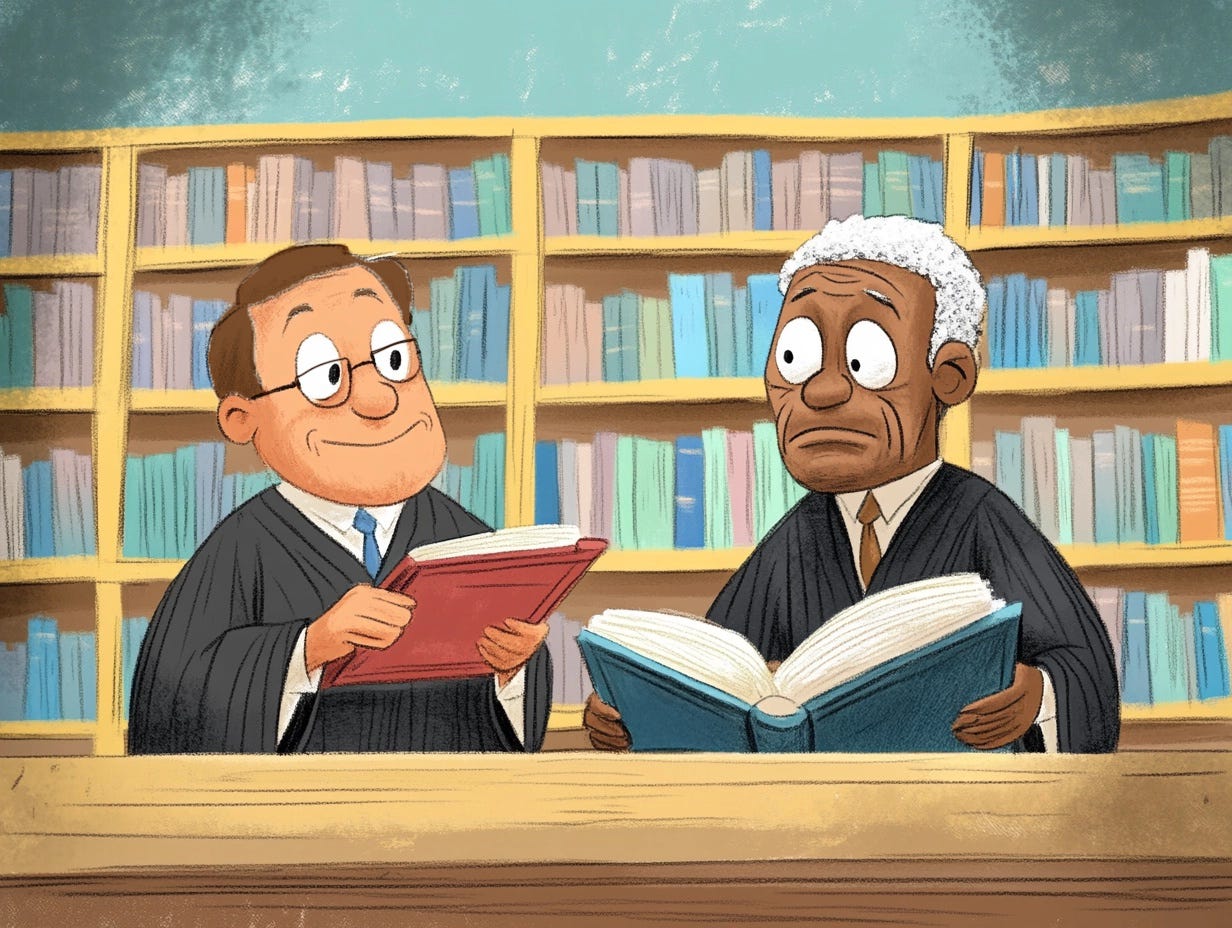 An illustration of Samuel Alito and Clarence Thomas in a bookstore