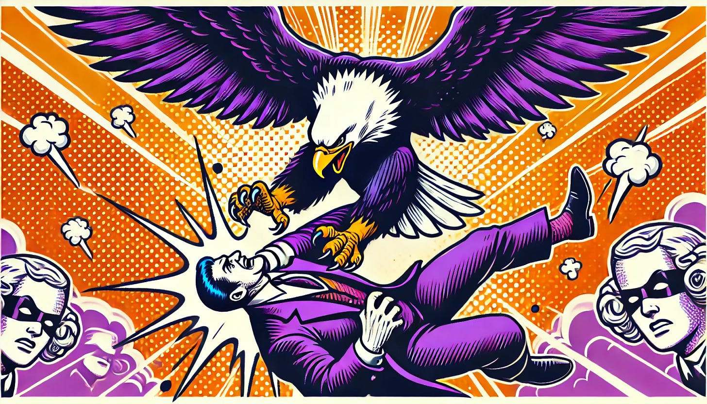 A pop art style illustration depicting an eagle attacking a villain. The color palette is restricted to bright purple, bright orange, black, and white, with a white background. The design features a fierce eagle swooping down with its claws extended, striking at a menacing-looking bad guy. The scene is clean and minimal, emphasizing the dynamic action of the attack.