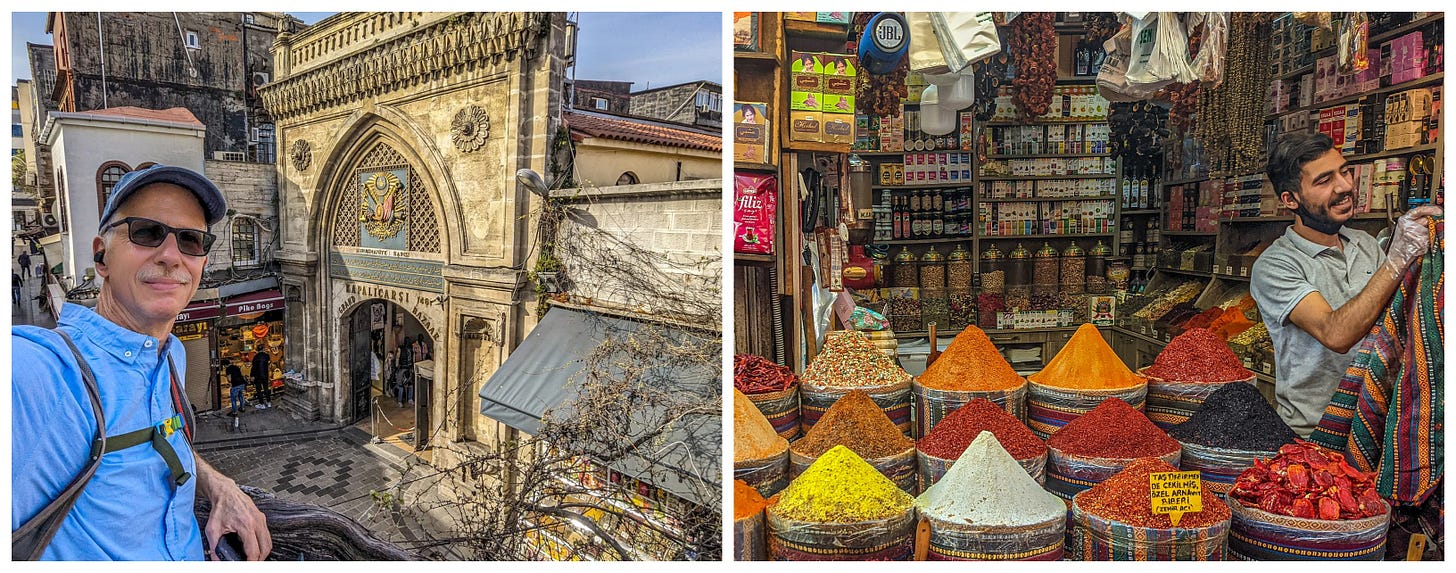Michael in front of an entrance to the Grand Bazaar and a stall selling spices at the Egyptian Spice Market. 