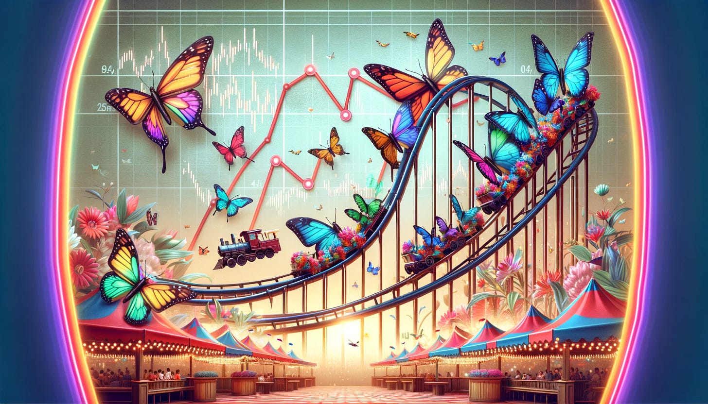 A carnival-themed financial concept illustration featuring butterflies sitting on a roller coaster, symbolizing volatility in investing and trading options. The roller coaster is seen climbing upwards, representing positive momentum and a bullish market trend. The butterflies, colorful and diverse, are enjoying the ride, illustrating the idea of riding the momentum in trading. The scene is set in a lively carnival atmosphere, with festive decorations and a vibrant, upbeat ambiance. In the background, elements symbolize short volatility and long delta, such as subtle graphs or financial symbols blending into the carnival setting.