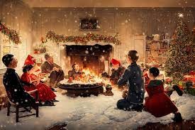 prompthunt: family christmas party, fireplace, snowing outside, in style of norman  rockwell, cinematic, high res,