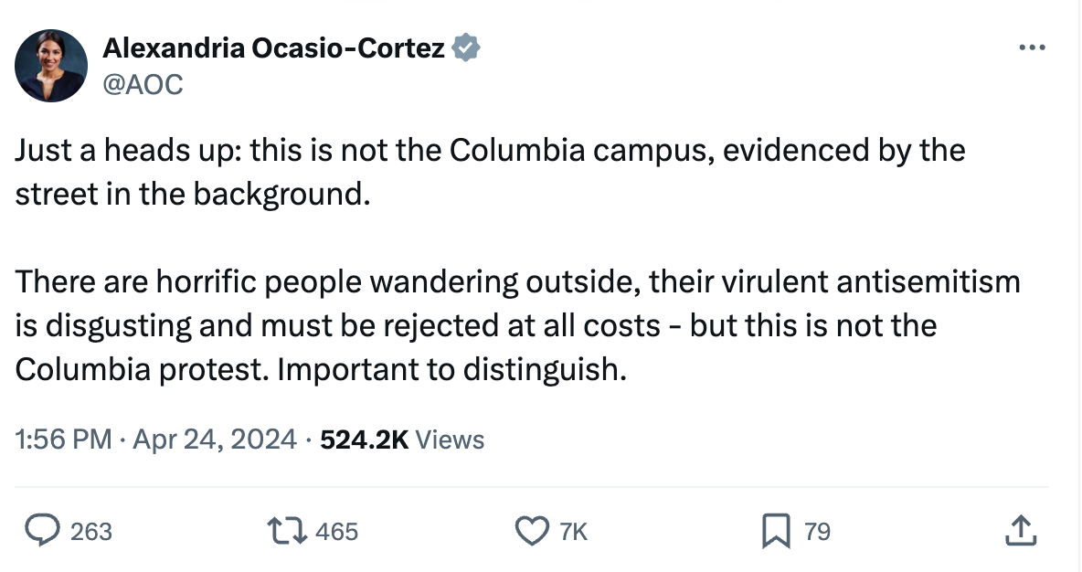 A tweet from Rep. Alexandria Ocasio-Cortez asserting that the protests outside Columbia's gates are "not the Columbia campus"