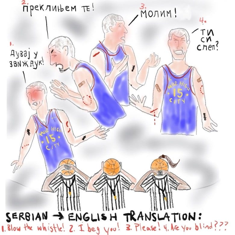 A cartoon of Nuggets player Nikola Jokić interacting with referees