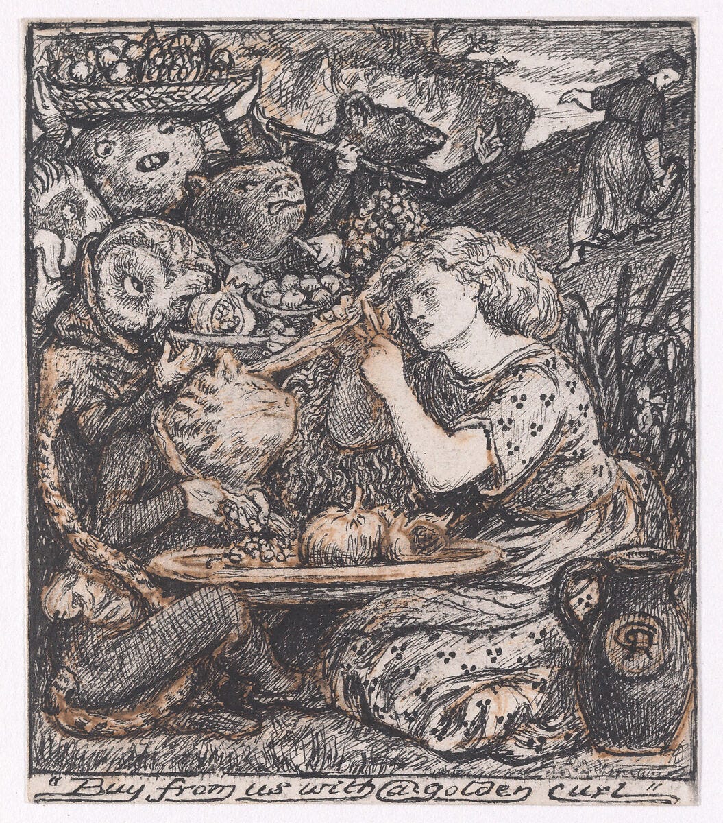 "Buy from us with a golden curl," for "The Goblin Market", Dante Gabriel Rossetti (British, London 1828–1882 Birchington-on-Sea), Pen and black and dark brown ink 