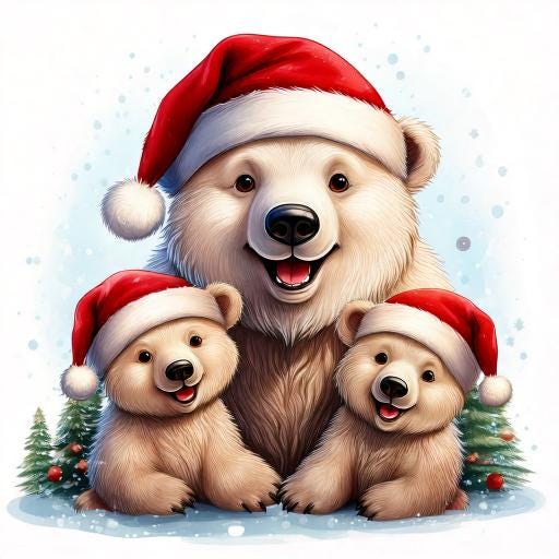 AI prompt: Cartoon polar bear with her cubs with Santa hats, big smiles, festive