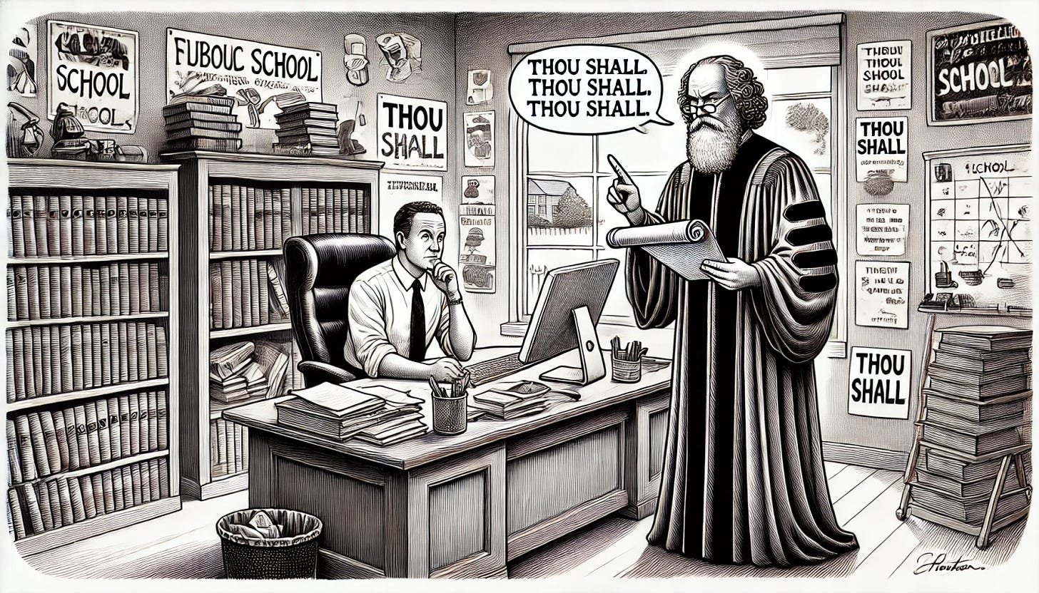 A black and white drawing of a modern public school principal's office. The principal, a middle-aged person with a kind demeanor, sits behind a desk filled with papers and a computer. Standing before the desk is a stern, authoritative figure dressed in archaic clothing, holding a scroll and pointing a finger, commanding the principal. The stern figure uses the phrase 'thou shall' while issuing commands. The background includes bookshelves, a window showing the schoolyard, and various educational posters on the walls.