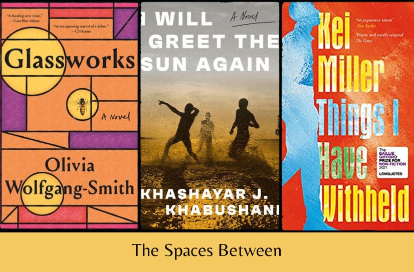 Small cover images of the three listed books above the text ‘The Spaces Between’ on a yellow background.