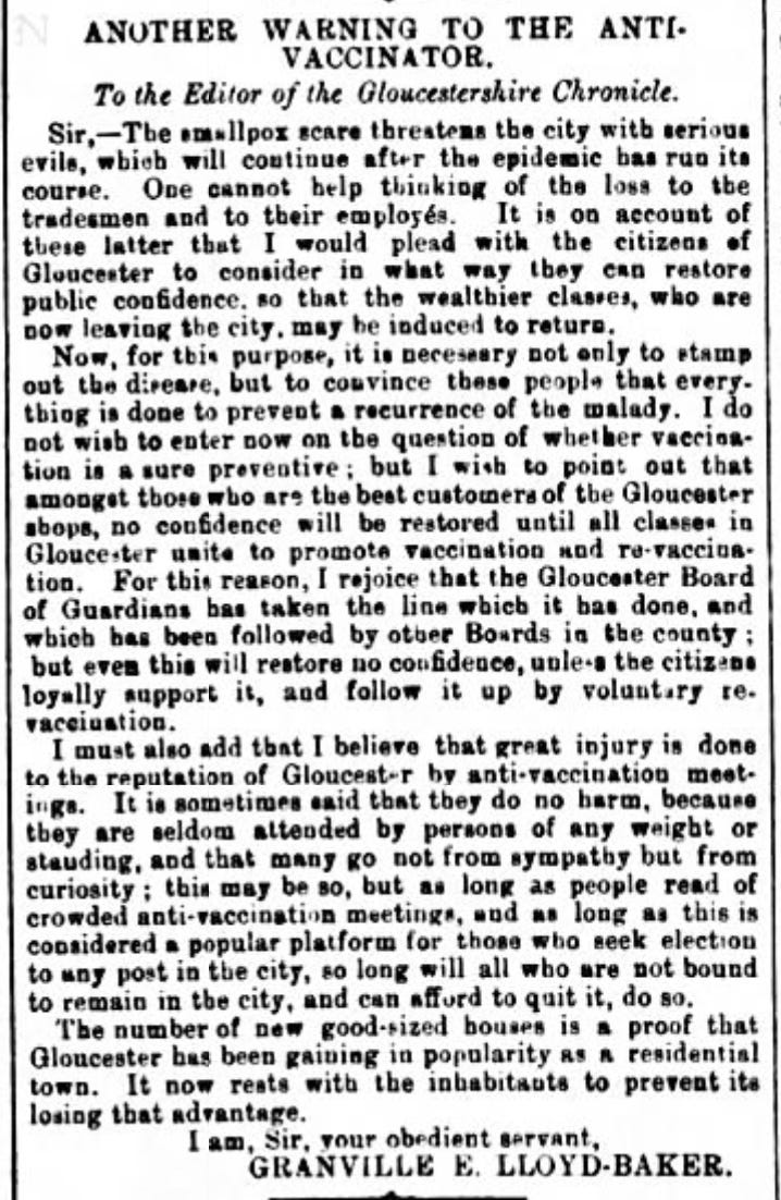 Anti-vaccination meetings did a great deal of harm to Gloucester in 1896.