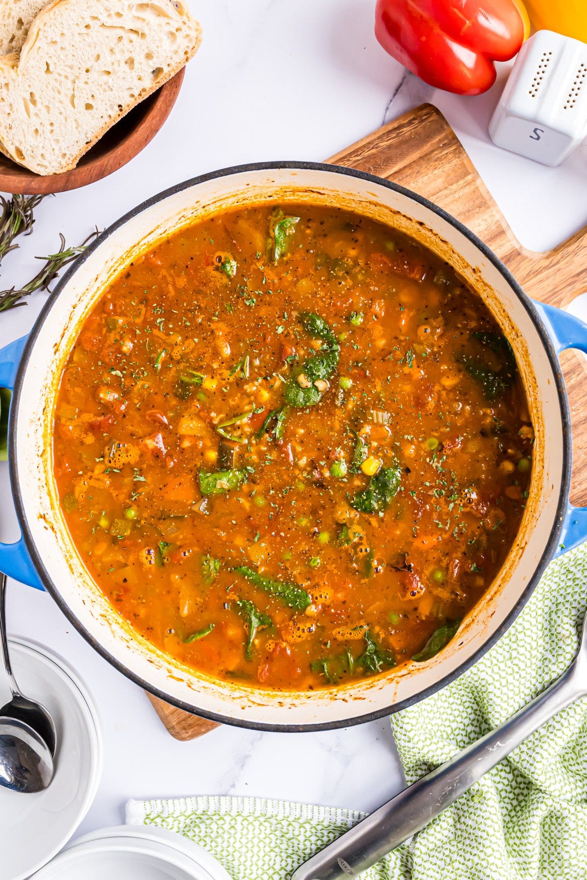 The Panera Vegetable Soup in a large Dutch Oven ready to be served.