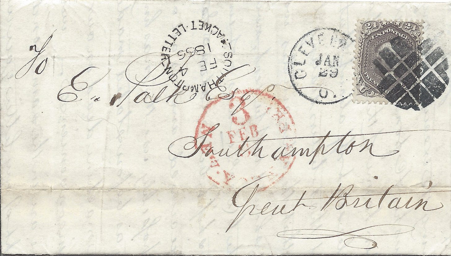 1866 folded letter from Cleveland to Southampton