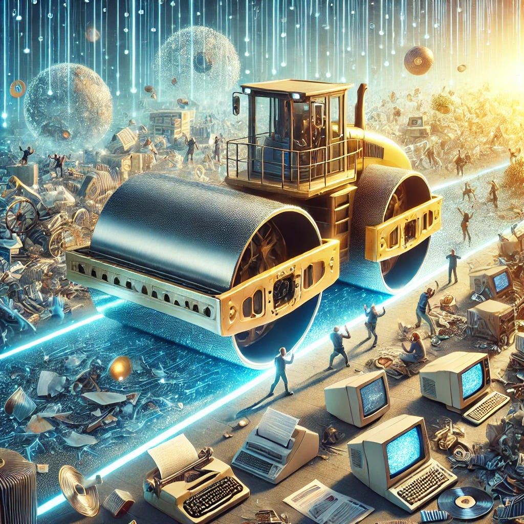 A photorealistic depiction of a massive, futuristic AI-powered steamroller glowing with a soft blue light, symbolizing technological progress. The steamroller crushes the symbols of obsolete industries beneath its wheels: stacks of outdated paperwork, broken computer monitors, shattered golden record plaques, and cracked tools like fax machines and typewriters. No people are depicted being crushed. In the background, a hopeful and optimistic scene shows diverse, joyous people thriving, collaborating, and innovating in a bright and clean environment filled with futuristic architecture. This scene represents the benefits of technological progress and creative freedom. The entire composition avoids text to keep the focus on the visuals, highlighting the symbolic transition from wasteful industries to a better future.