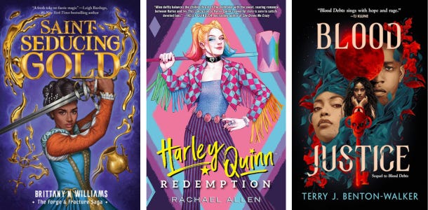 covers of Harley Quinn: Redemption, Blood Justice, and Saint-Seducing Gold