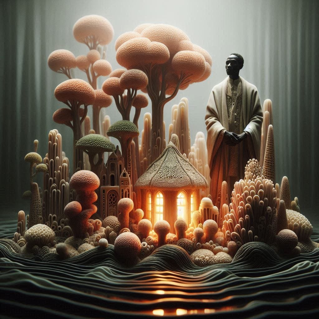 inside piercing air among trees; tiltshift/ 5d angle glass embedded Carla caves / Broken into fragments/ pieces Rwandan man in traditional garb / leaning toward camera/ his house, glowing,  is a large coral plant underwater / olive,ivory, chartrues, lace made of black water in resin/ love. coral orange, pink, cream, olive address/ reverberating waves/ water in resin verdigris/ In the style of Michael Parkes. black etching/ black linework/ 
