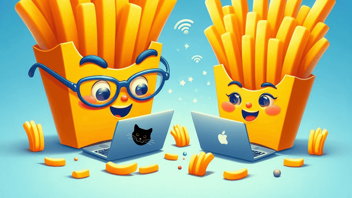 Image of two French fries humanoid characters and a cat face