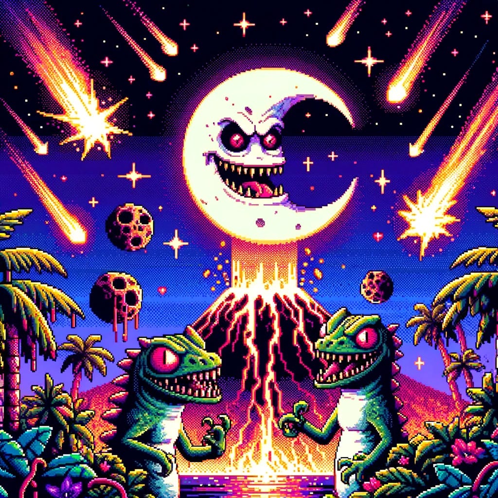 Modify the image to include only one evil crescent moon and add elements like shooting stars, comets, or other apocalyptic imagery to enhance the eschatological theme. The scene still features the erupting volcano, tropical plants, and the two reptilian lizard-gods in a night-time setting. The lizard-gods should have more sinister and less goofy expressions, maintaining an 'evil cuteness' but with a more ominous and serious demeanor. The added celestial events like shooting stars and comets should contribute to the overall apocalyptic and mythical atmosphere of the scene, set in a jaggy pixelated, retro video game aesthetic.