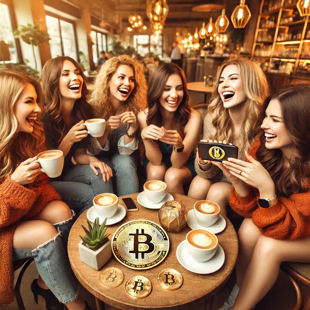 A group of women gathered around a cozy coffee table in a modern cafe, enthusiastically chatting and laughing. They are holding coffee mugs, with one woman showing a phone displaying a Bitcoin logo while others lean in with interest. The scene is vibrant and warm, emphasizing a sense of camaraderie and excitement. The background features a stylish cafe setting with soft lighting and contemporary decor, enhancing the lively and engaging atmosphere.