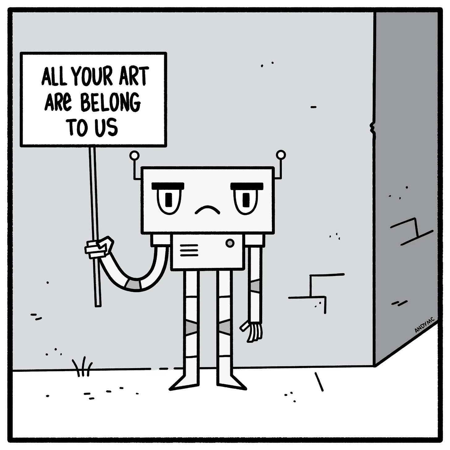 an illustration of an AI robot holding a sign