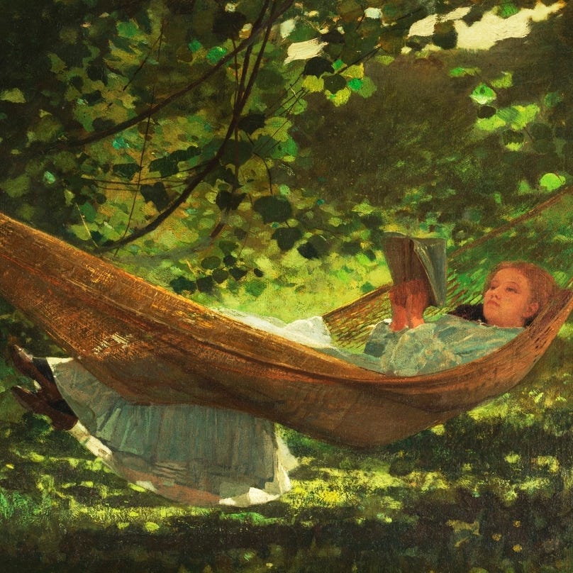 Painting of a woman relaxing in a hammock, reading, against a backdrop of green leaves.