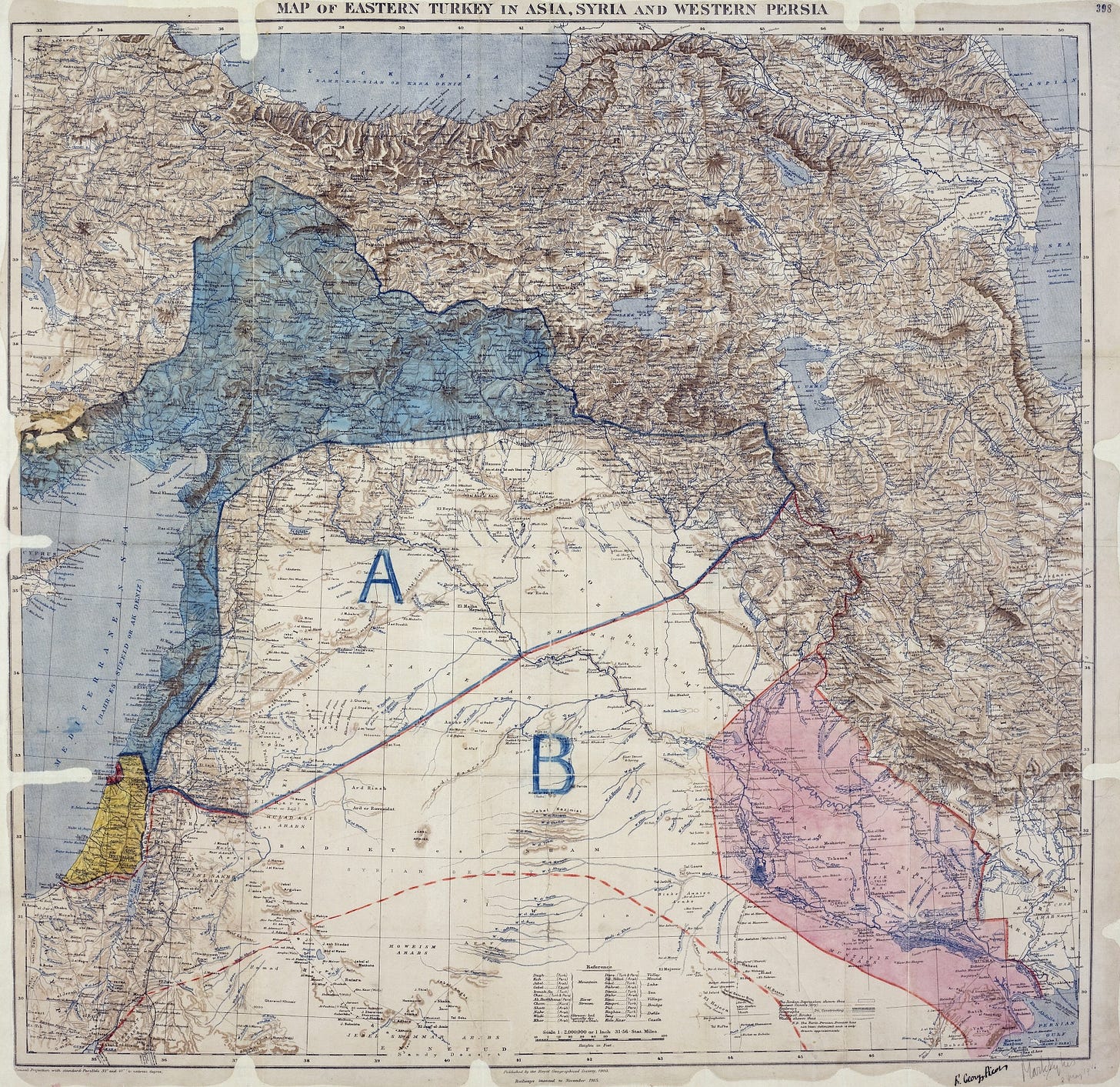 Mappa che mostra la Turchia orientale in Asia, Siria e Persia occidentale e le aree di controllo e influenza concordate tra britannici e francesi.