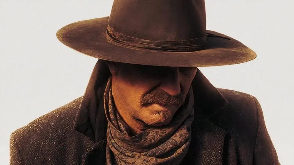 A close-up shot of a cowboy from his hat to his mid-shoulder. Teh hat covers half of his face and he is wearing a forlorn expression. He has a moustache. He's wearing a bandanna around his neck and an overcoat.