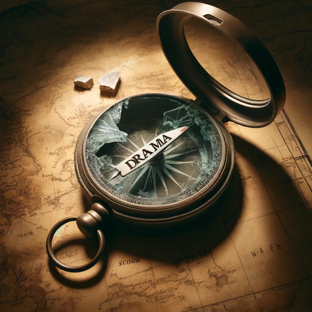 The image portrays a dramatically damaged compass on an old, textured map. The compass, clearly beyond use, features a broken glass cover, and a needle that is detached and lying beside it. The map beneath is faintly visible, adding to the sense of adventure gone awry. The word "Drama" is inscribed boldly across the face of the compass, ensuring each letter is distinctly visible against the aged backdrop. This composition is lit with a soft light that accentuates the details and textures of the broken device and the map, conveying a story of lost guidance and the inherent drama of exploration.