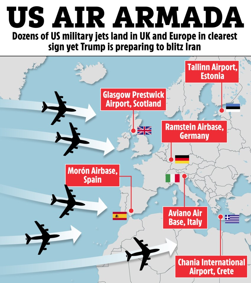 Illustration of US military jets flying to airbases in UK and Europe.