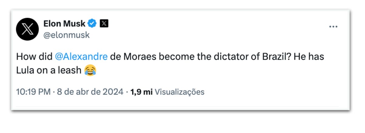 Moraes virou ditador porque colocou coleira em Lula, diz Musk