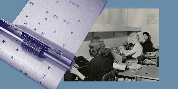 An old school-looking stenograph printout, next to another old school image of 3 femme workers at their steno machines.
