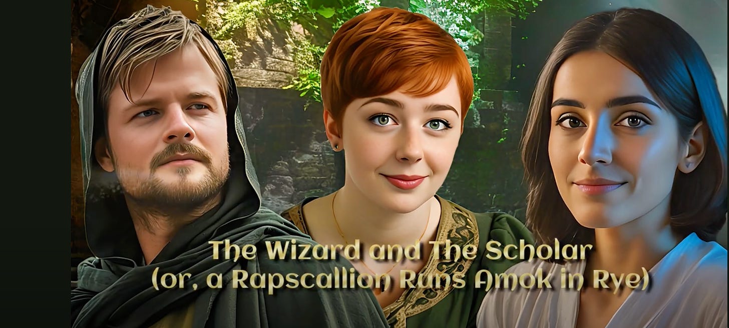 A promotional poster featuring three characters: a male wizard wearing a hooded cloak, a female scholar with short red hair smiling confidently, and another young woman with long dark hair. The title reads: 'The Wizard and The Scholar (or, a Rapscallion Runs Amok in Rye)' with a lush, magical forest in the background.