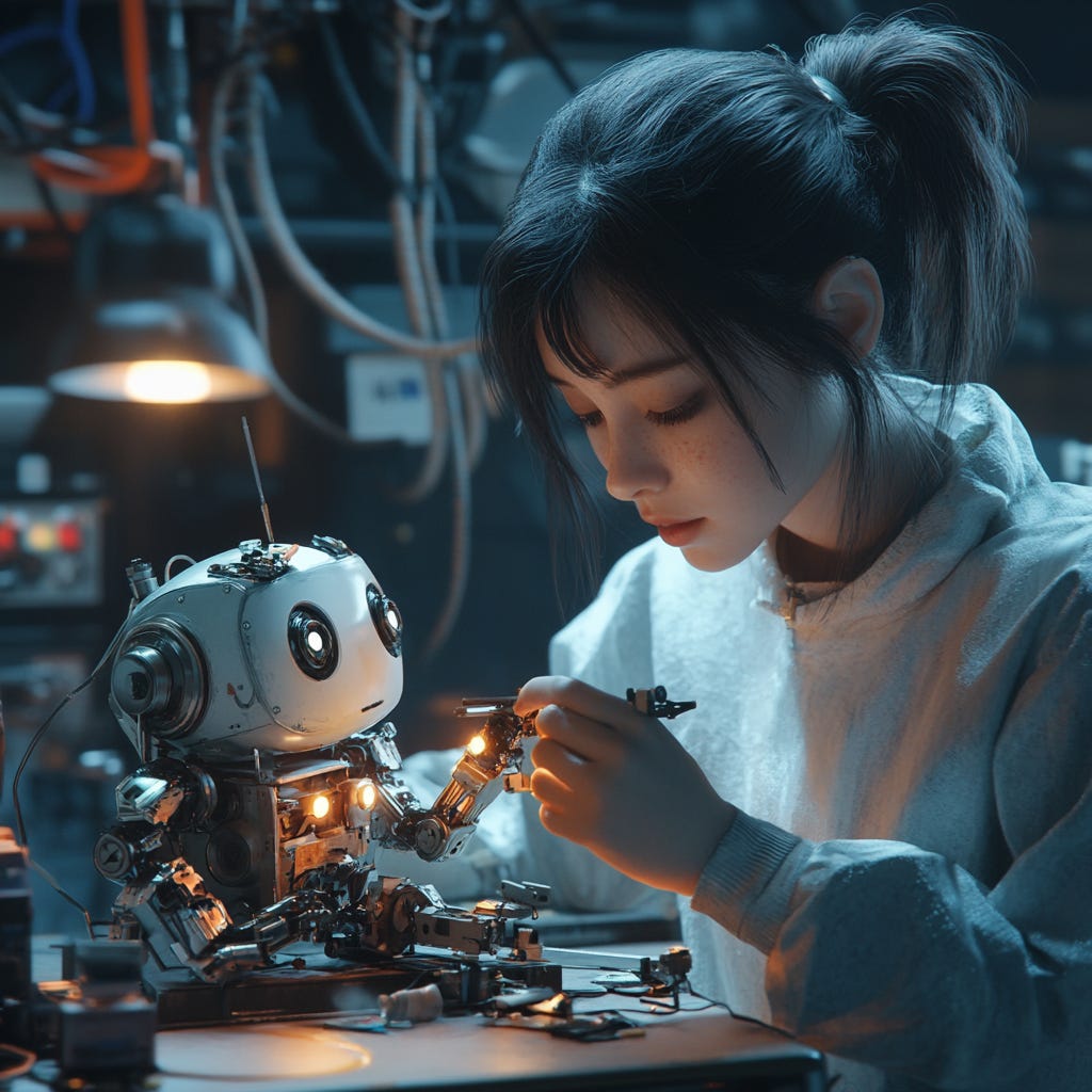  Highly detailed aesthetic. A young woman repairing a broken cute robot. Cinematic mood.