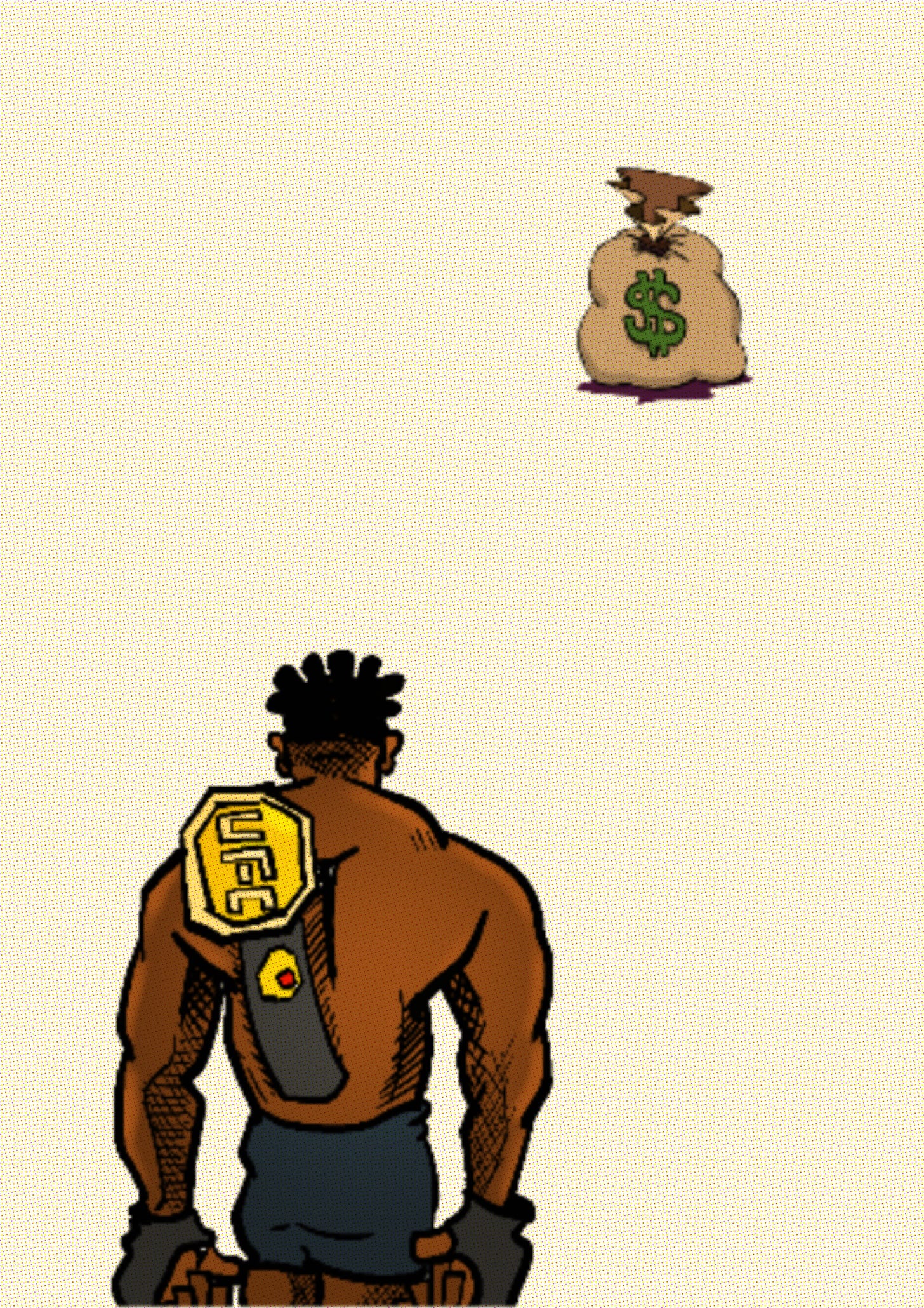 Illustration by Chris Rini: Francis Ngannou wearing his UFC belt looking at a single bag of money