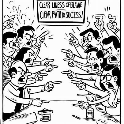 Cartoon of office workers pointing fingers at each other, with a sign above saying, 'Clear lines of blame, clear path to success!' The drawing style should be light-hearted with simple line work. The people in the cartoon should be angry at each other. And make the cartoon in the style of famous Indian cartoonist Mario Miranda, using his intricate detail for extra humor. It should be a black-and-white line drawing.. Image 1 of 4