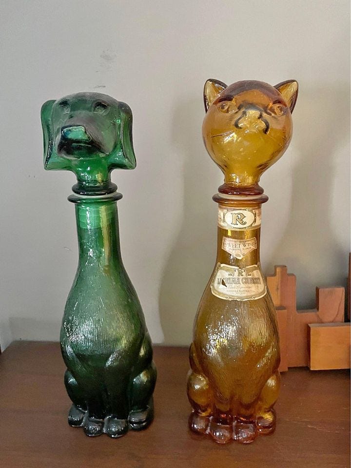 Product photo of Pair of Vintage MCM Italian Empoli Glass Dog & Cat Decanter Bottles $100 each