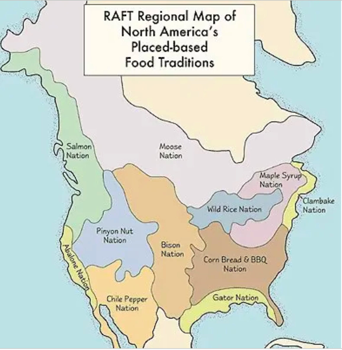 A map of North America's traditional food cultures, including names like Wild Rice Nation, Maple Syrup Nation, Clambake Nation, Gator Nation, Bison Nation, and Chile Pepper Nation