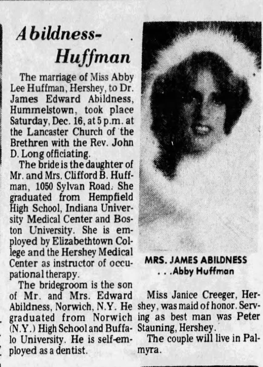 Image of Abby Abildness' marriage announcement stating she is graduated from Hempfield High School from LancasterOnline archives.