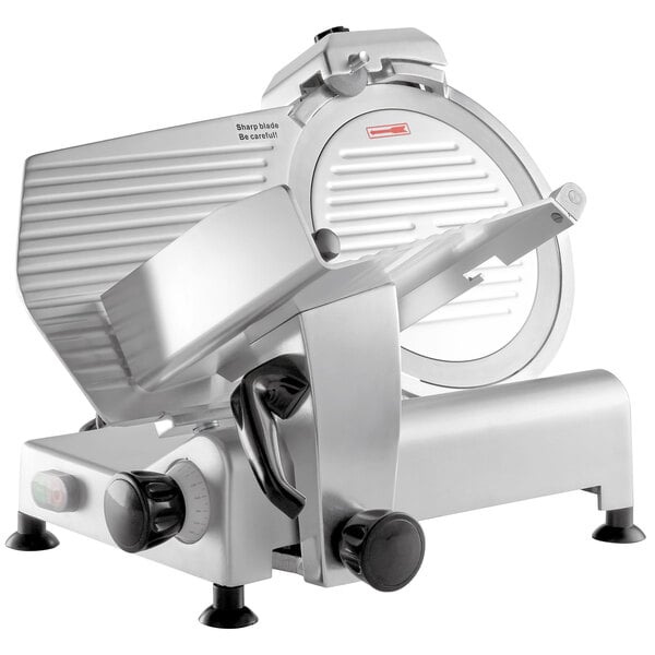 A white background image of the Avantco SL312 12" Manual Gravity Feed Meat Slicer - 1/3 hp, featuring a metal-bladed meat slicer.
