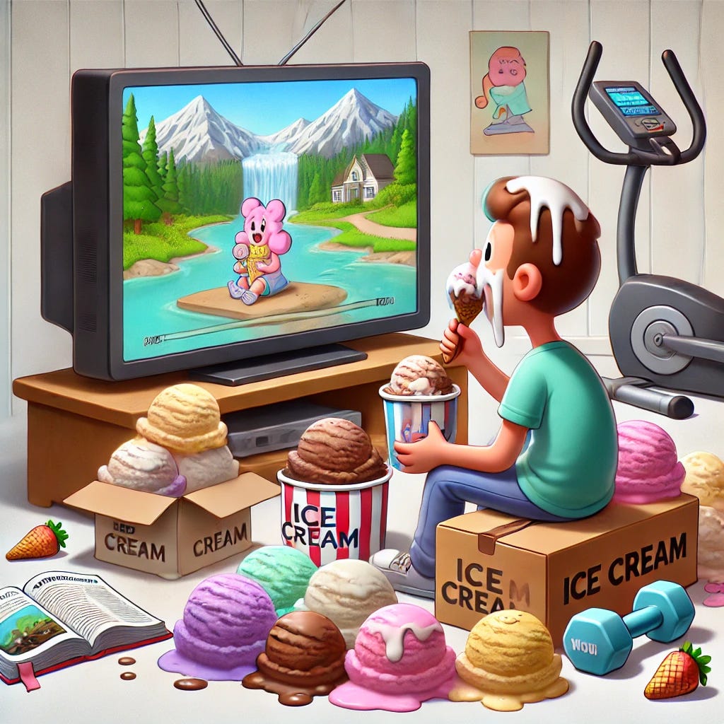 A cartoon-style illustration of a person sitting in front of a TV, eating ice cream but with a smaller, moderate amount of scoops around them. The TV screen displays something new, such as a humorous cartoon or scenic nature show. To the side, there is an exercise bike and an abandoned book, both given more emphasis to show they are humorously ignored. The scene features a few colorful ice cream scoops in flavors like chocolate and strawberry. The person is relaxed and focused on enjoying the ice cream. The background is a soft white or light pastel, emphasizing the TV, exercise bike, and book, with a playful and cartoonish style.